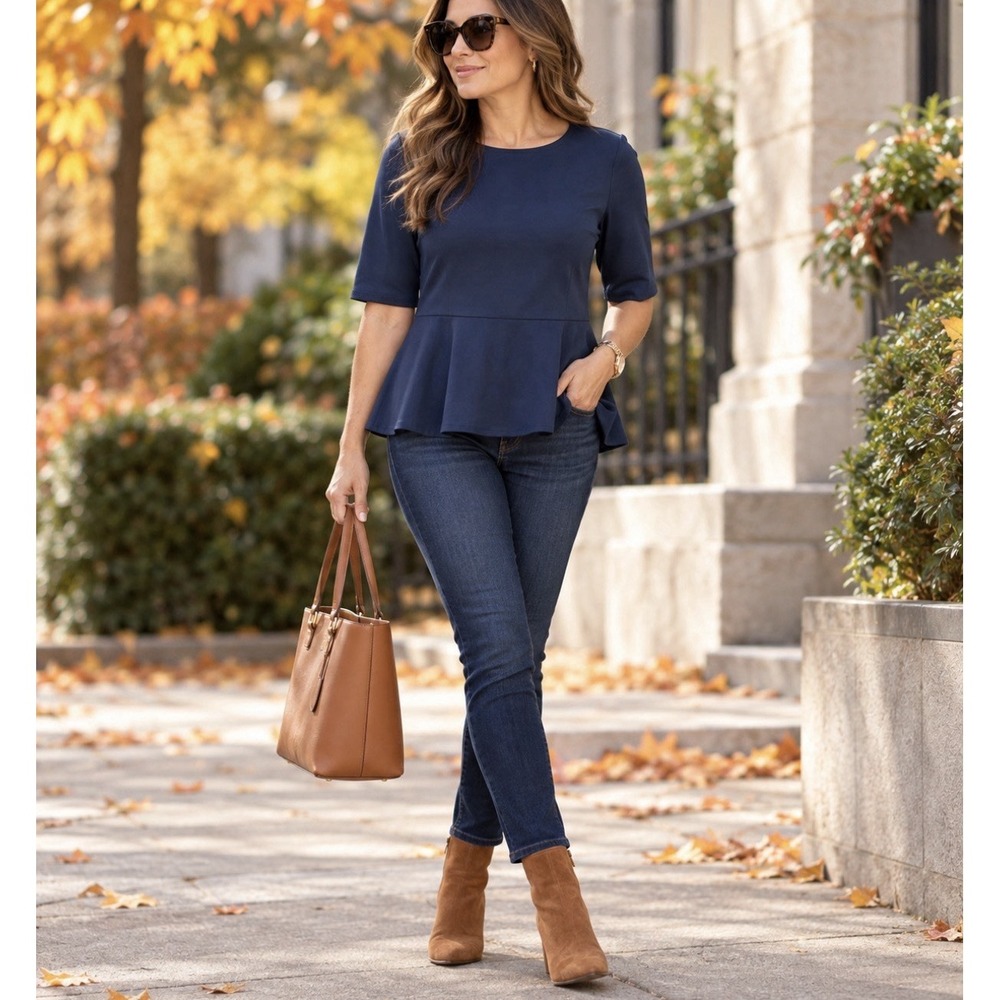 Jude Connally Peplum Top Blouse Womens Large Blue Flared Hemline Minimalist Work